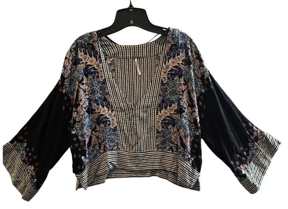 Free People Kimono Cropped Top XSmall Floral Stripe Hippie Boho Festival Indie
